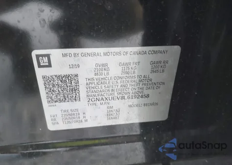 2020 Chevrolet Equinox Awd Lt 1.5L Turbo from USA, damaged, VIN 2GNAXUEV8L6192458